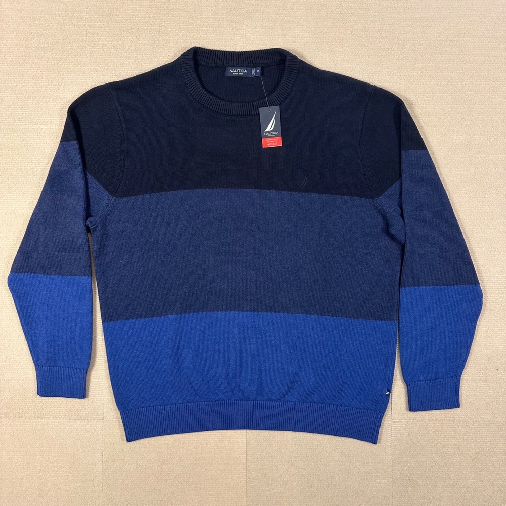 Nautica Sweater NWT Mens XL Blue Colorblock Cotton Crewneck Long Sleeve